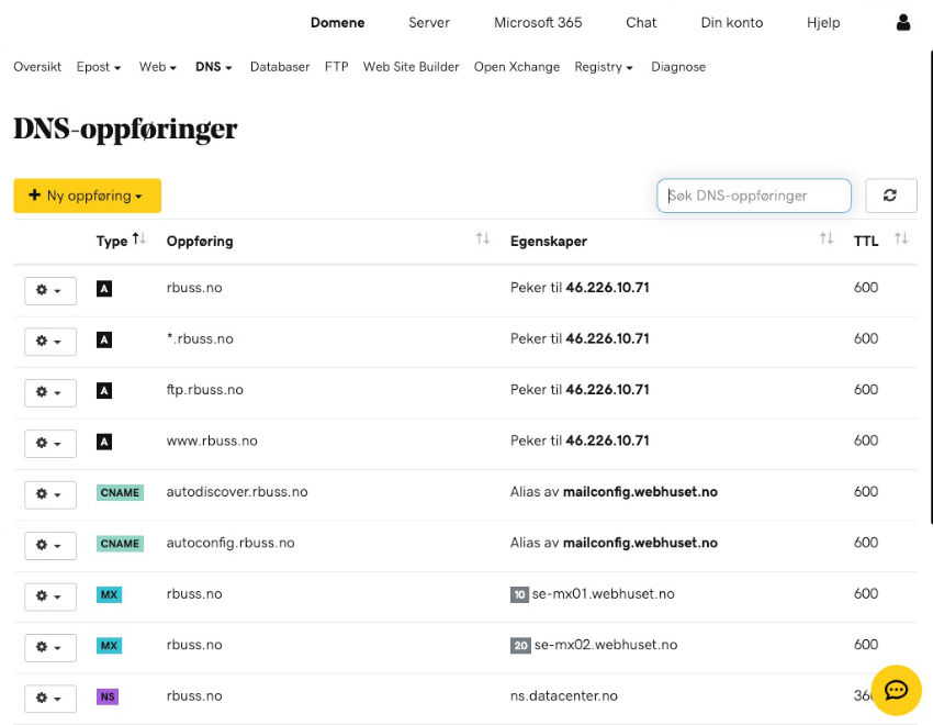 Deler av DNS oppføringer listen hos Webhuset.jpg