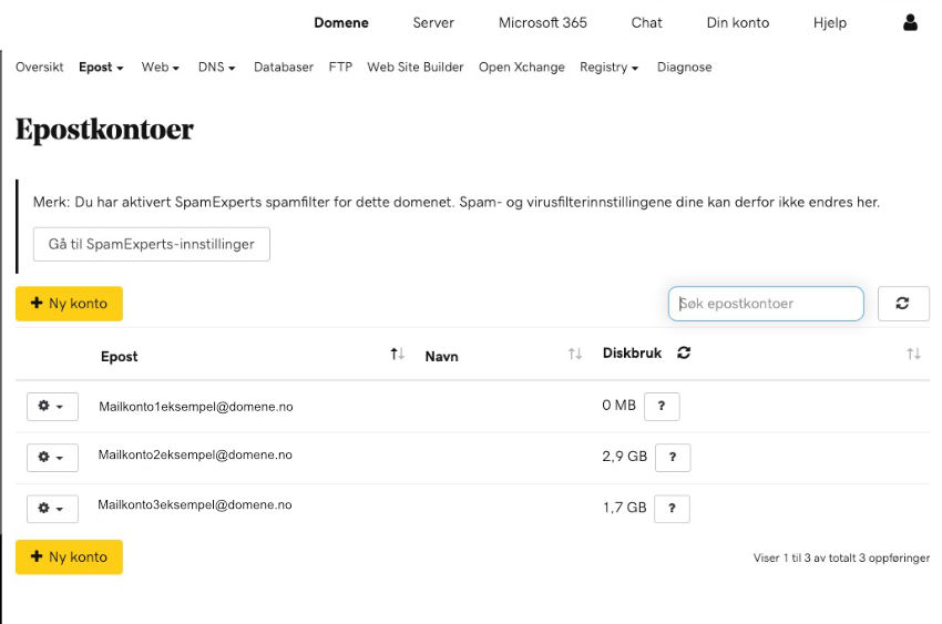 Epost kontoer hos Web huset
